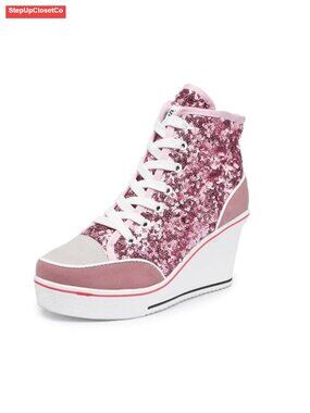 Women's High Heel Canvas Sneakers Platform Wedge Shoes Sparkly Bling Lace Up